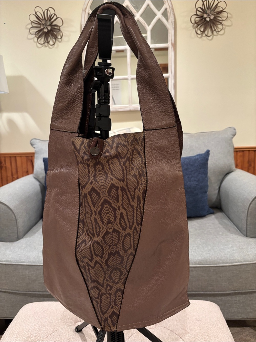 Leather Shoulder Tote Bag with Snake-Print Panel - Brown